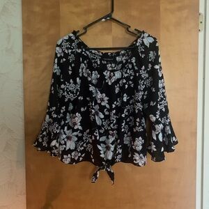 Fortune + Ivy Black, Pink/Wht Floral Blouse w/Elastic Neck & Flounce 3/4 Sleeves
